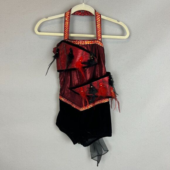 Mara Dancewear Small Black Red Feather Jazz Costume Set Stage Recital Outfit - Picture 2 of 15